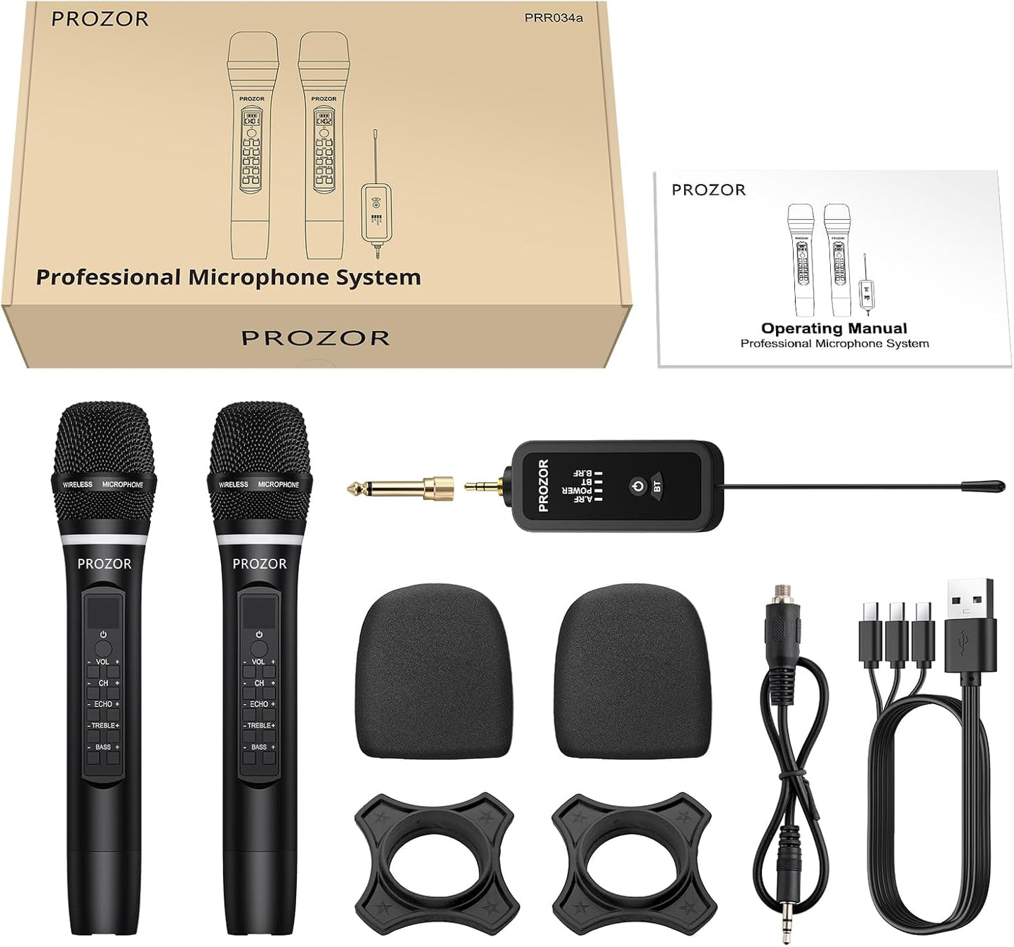 PROZOR Micrófono inalámbrico UHF con control de eco de graves agudo...