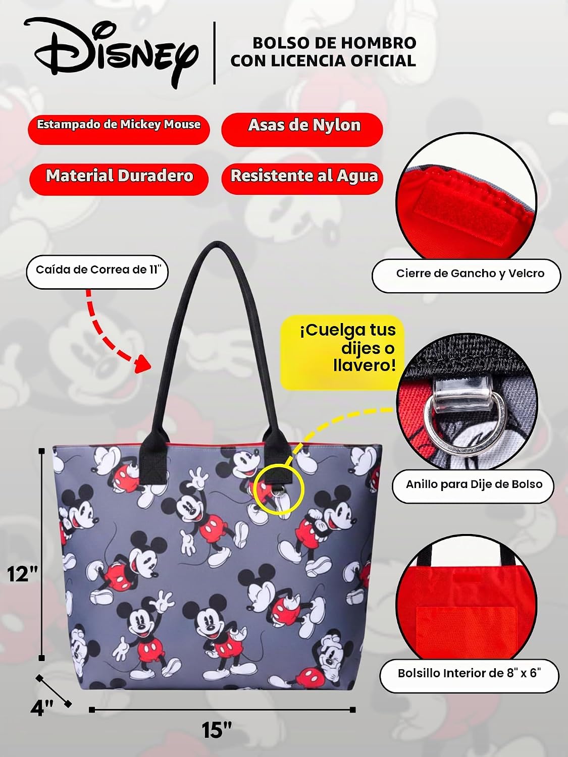 Disney Tote Mickey Mouse - Bolso de hombro para mujer con estampado...