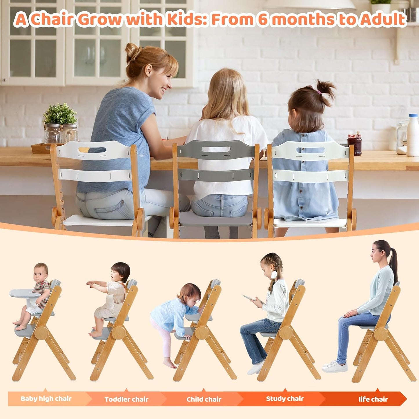 Ezebaby Silla alta de madera Grow with Your Child, silla alta plega...