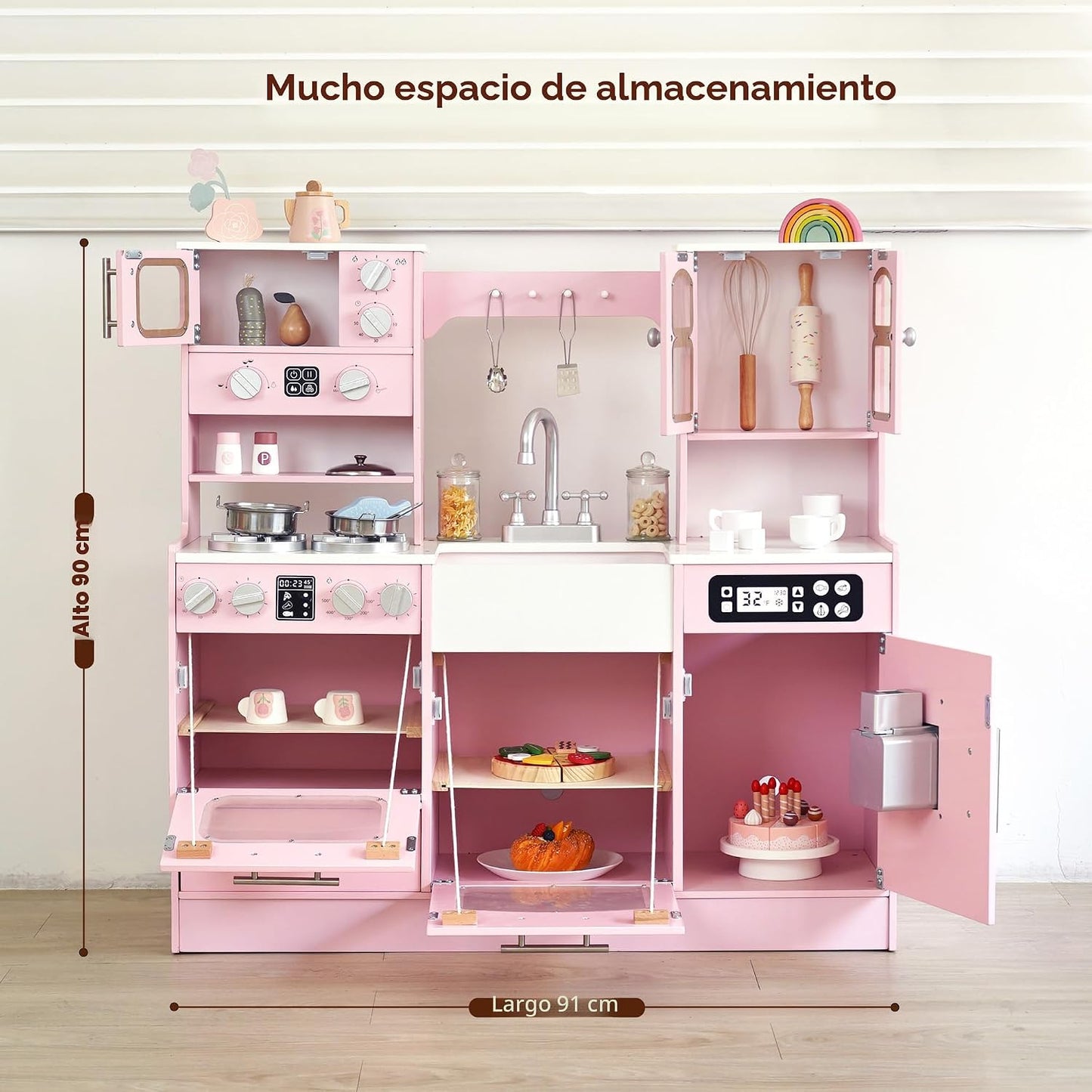 Cocina de juguete de madera para niños pequeños y niños con luces y...