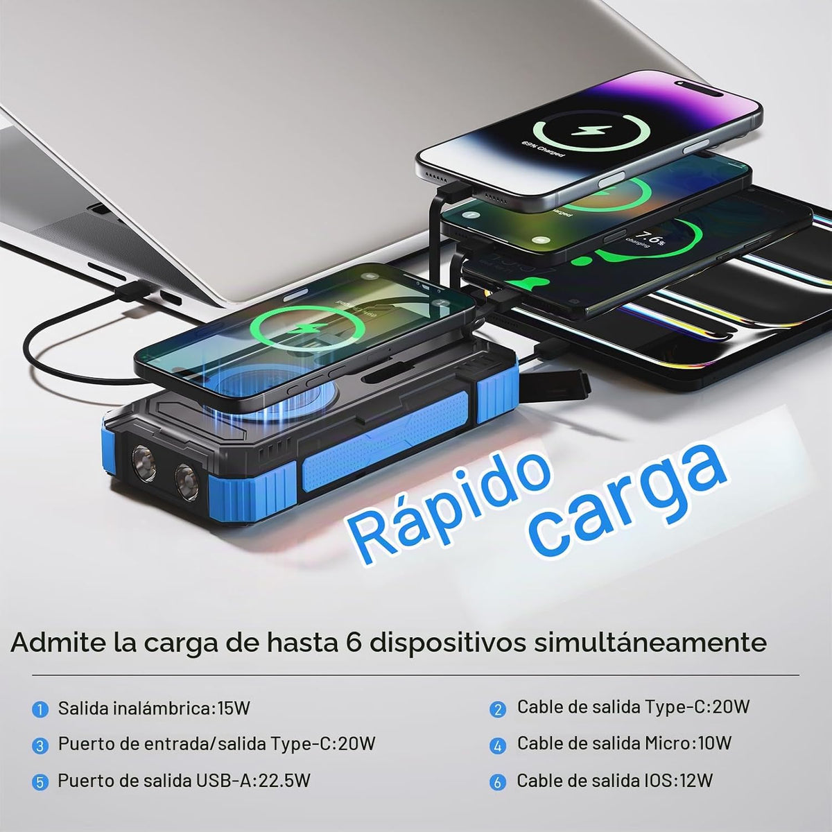 Cargador solar de 49800 mAh, 22.5 W PD cargador de teléfono portáti...