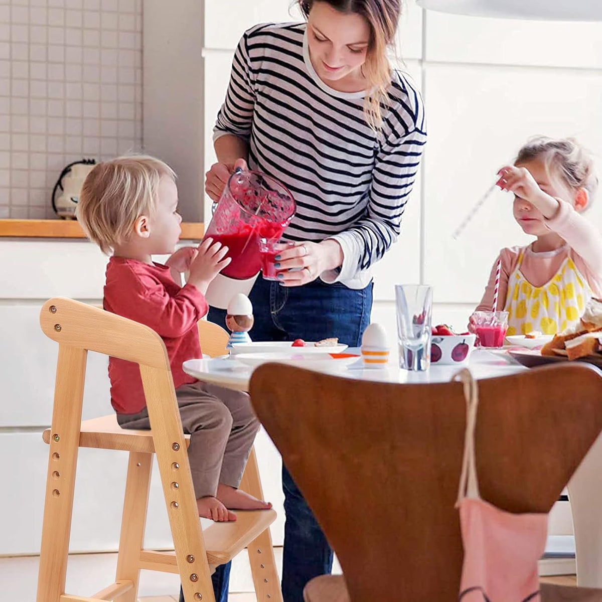 Trona de madera para niños pequeños, silla de alimentación ajustabl...