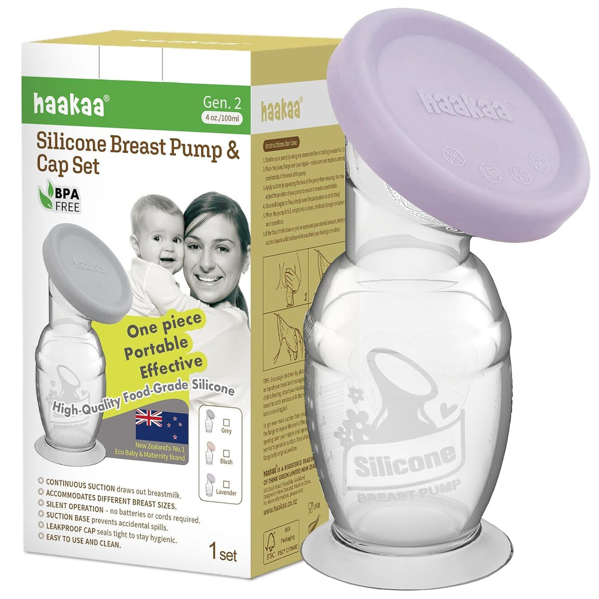 Haakaa Extractor de Leche Manual con Base 118ml+Tapa (Lavanda), Gen...