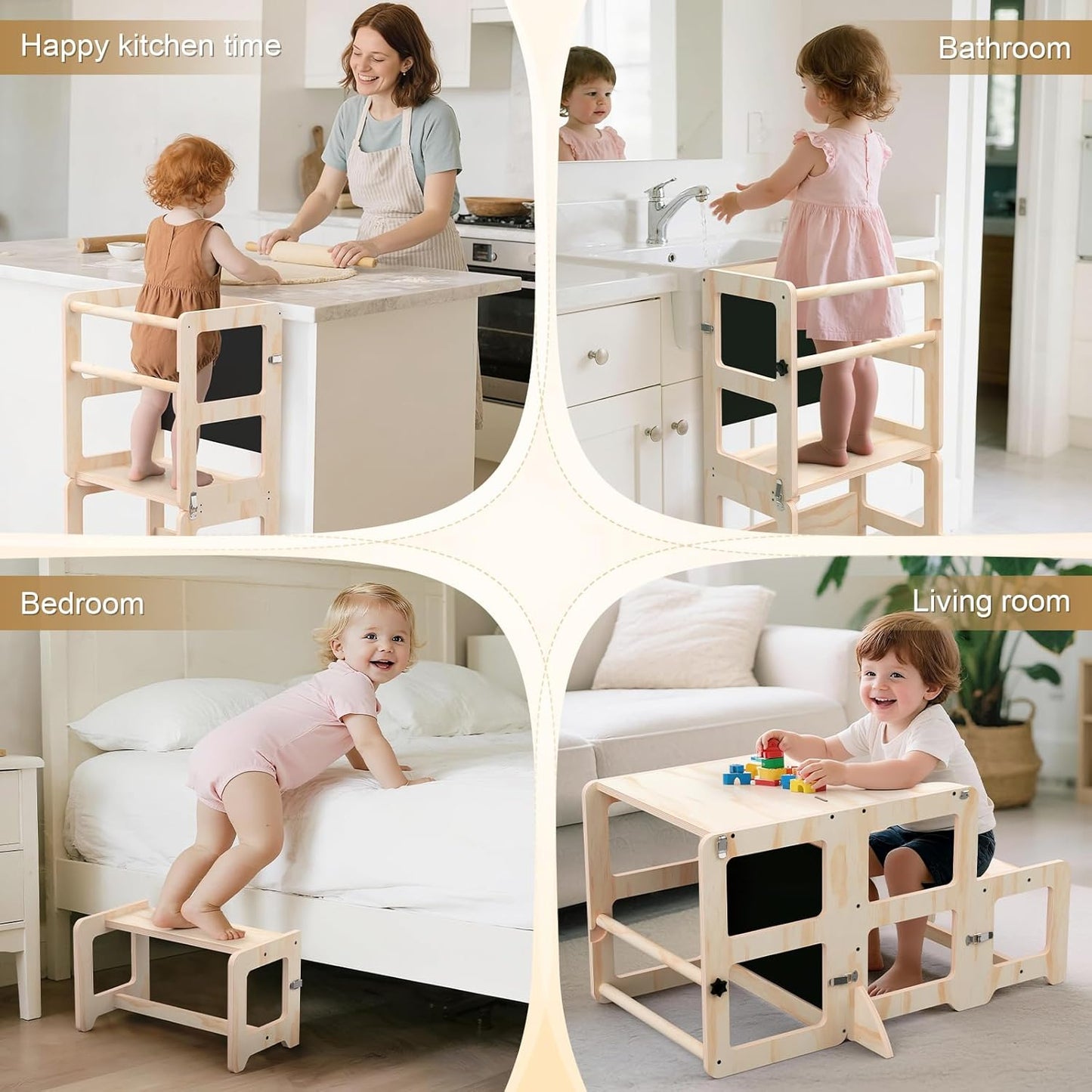 Taburete de cocina para niños pequeños, torre plegable 4 en 1 con p...