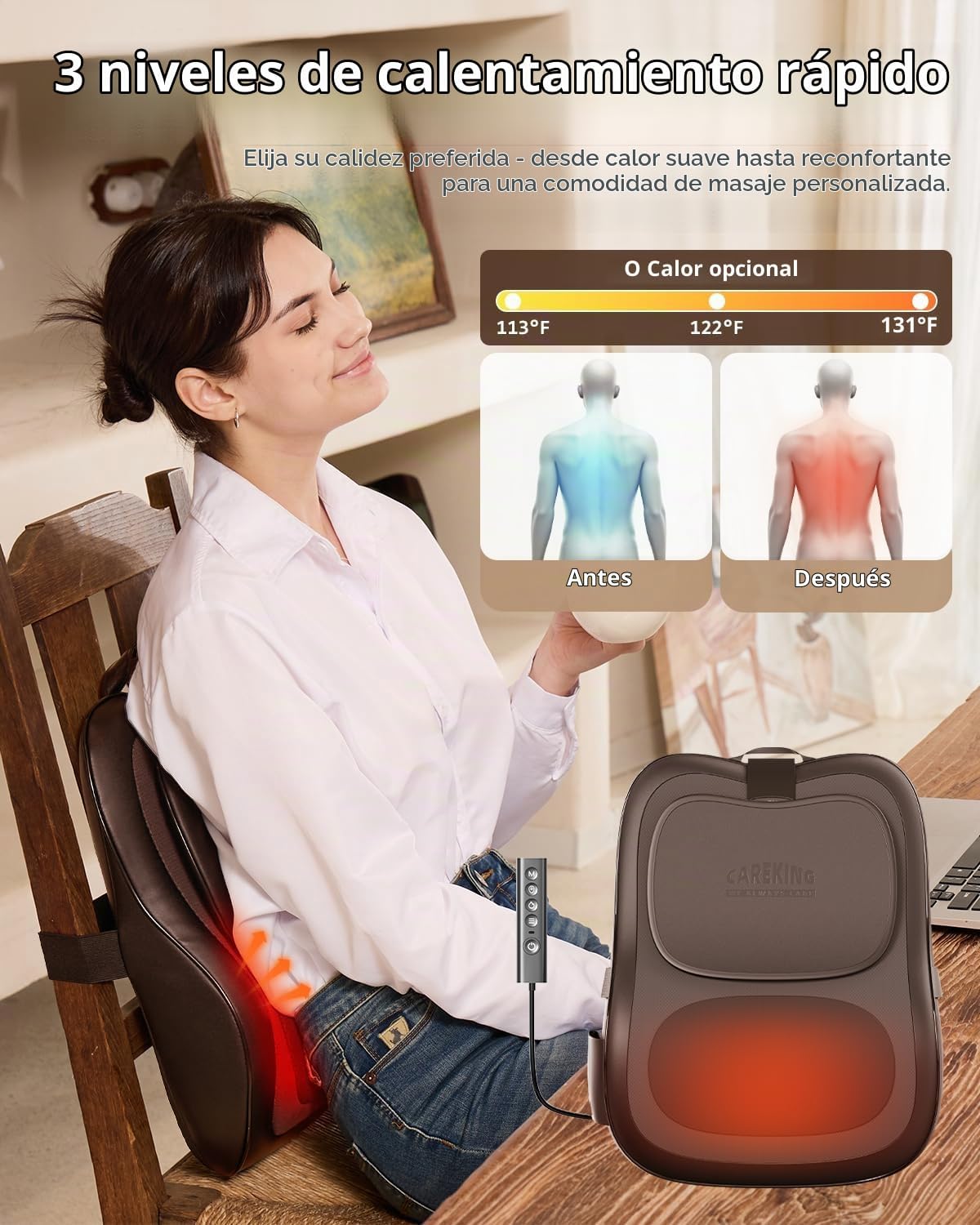 Masajeador de espalda con calor, almohada de masaje Shiatsu 3D, reg...