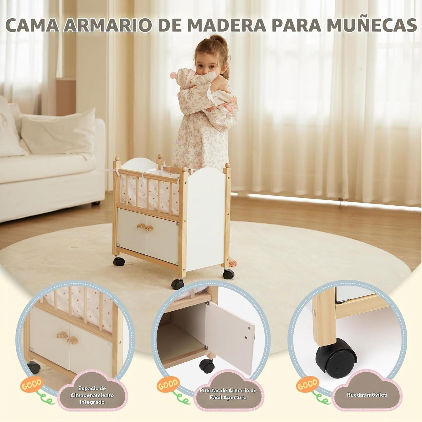 Freniland Cama de madera para muñecas con almacenamiento, ruedas y...