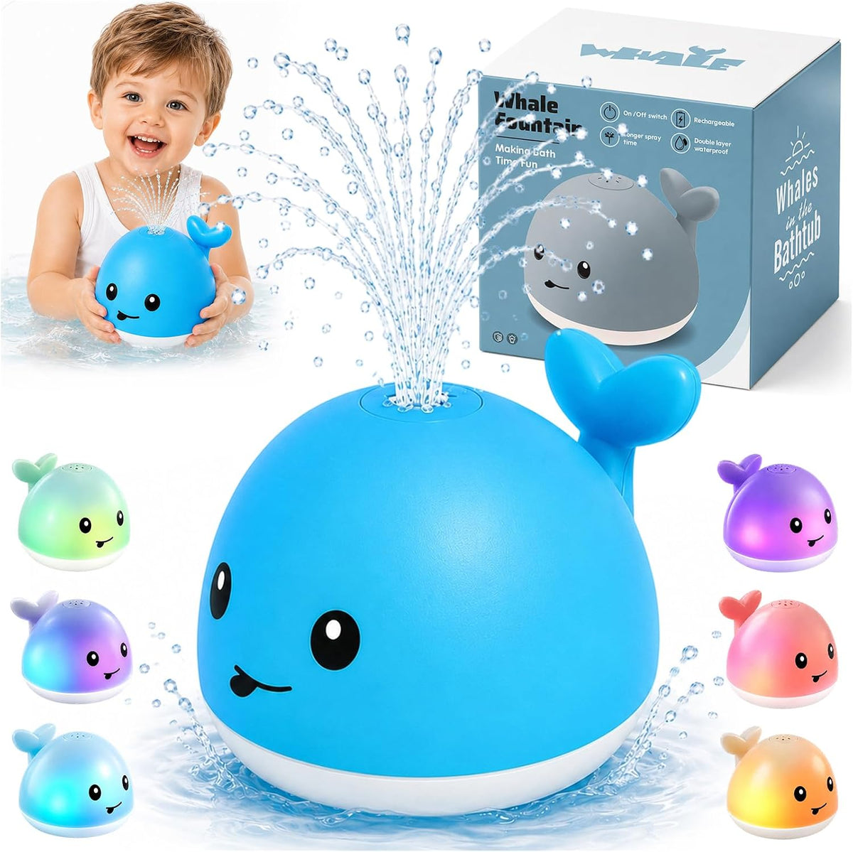 Gigilli - Aspersor de juguete de baño de ballena iluminado, azul oc...