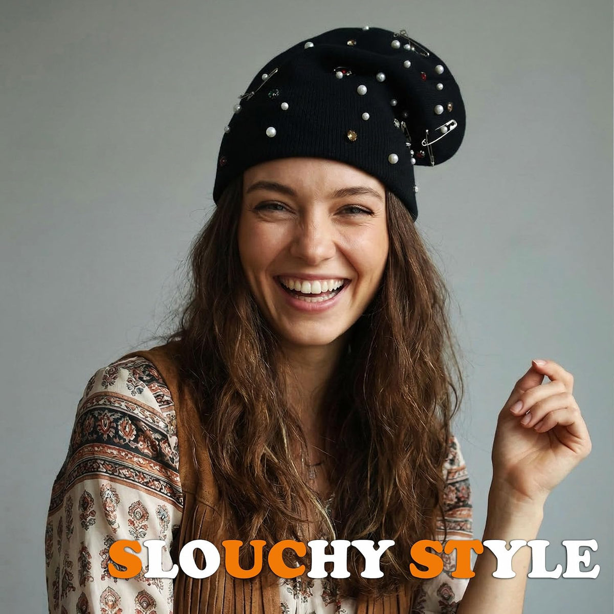 HENWASAI Gorro de punto unisex con diamantes de imitación y perlas,...