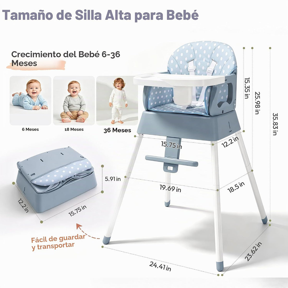 Silla alta plegable 5 en 1 para bebé, silla alta convertible para b...