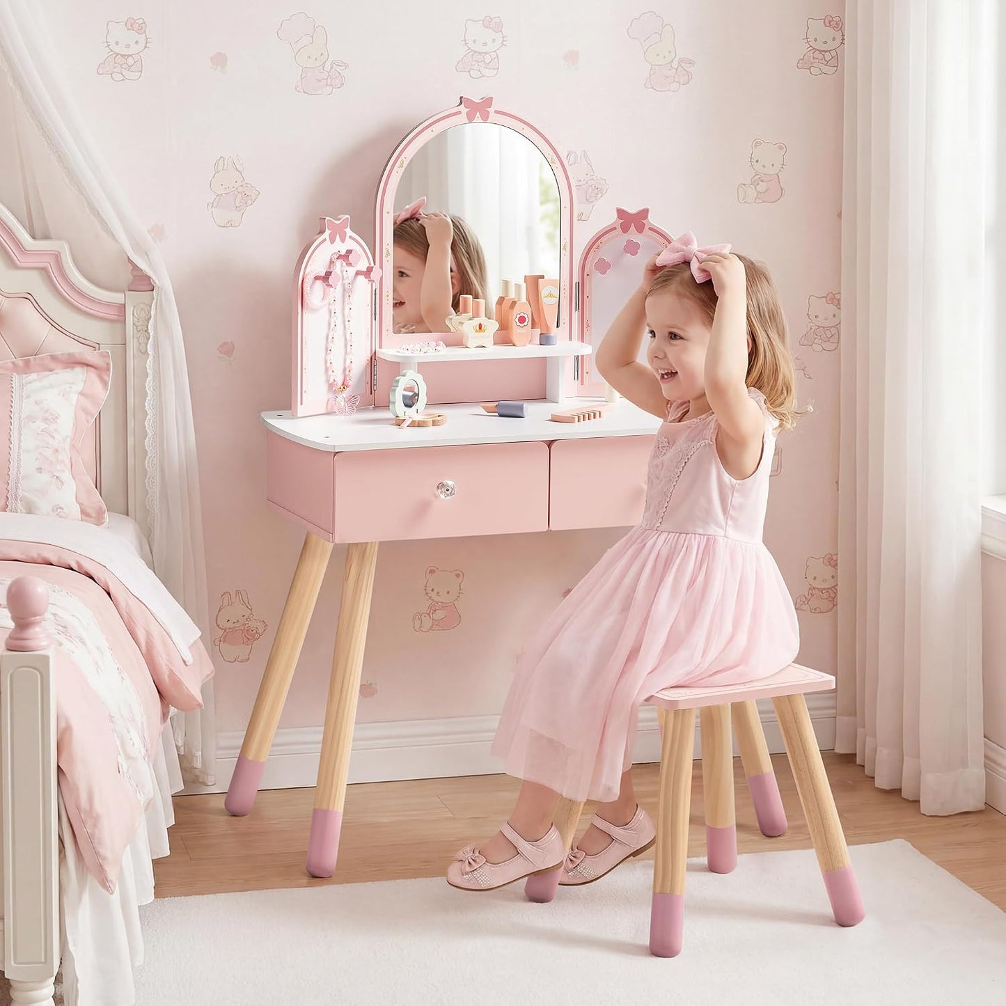 ROBUD Juego de mesa y silla para niños, juego de tocador para niñas...