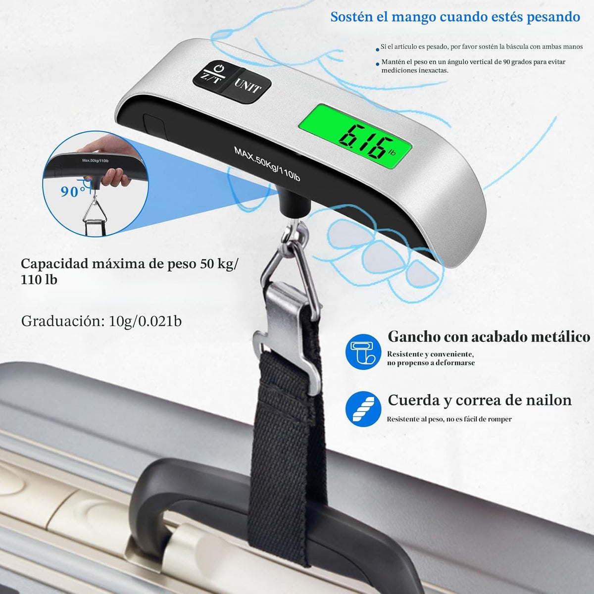 Báscula de equipaje, báscula de equipaje de 110 lb con funciones de...