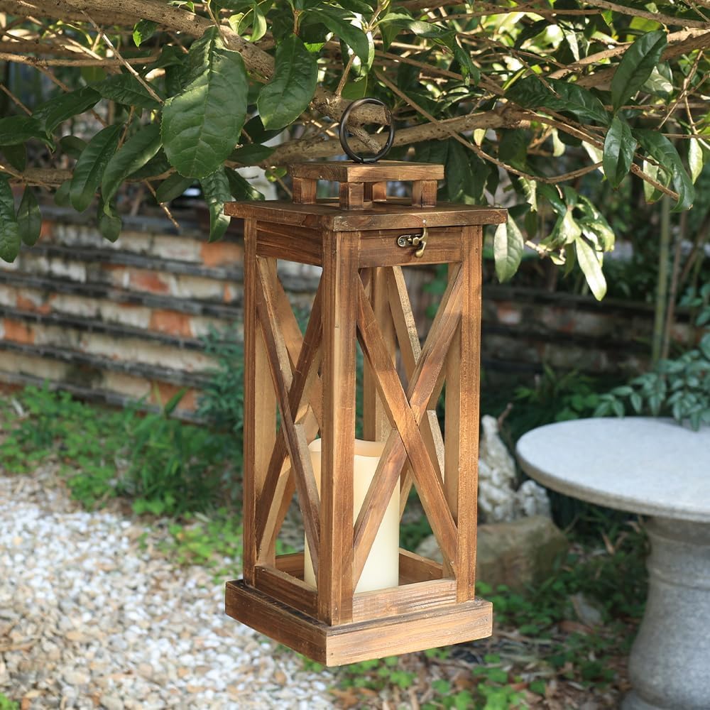 DECORKEY Farol rústico de madera para velas, 17 pulgadas de alto, d...