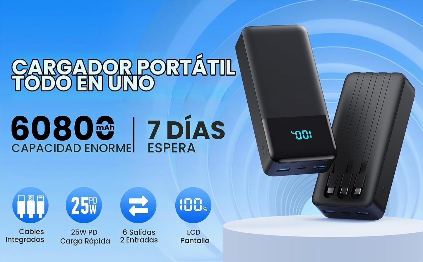 Cargador portátil de 60800 mAh con 3 cables incorporados, 25 W PD U...