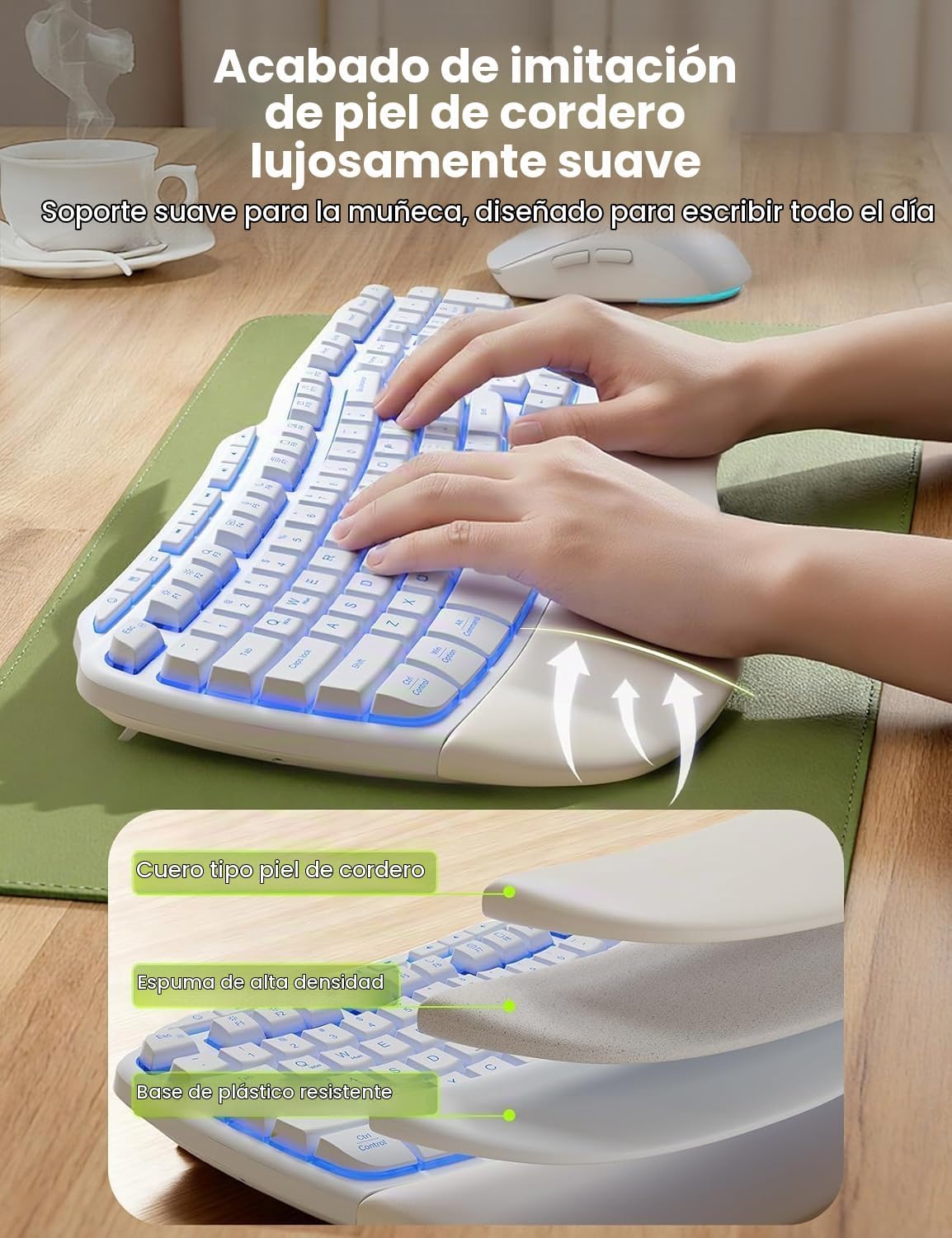 Combo de teclado y mouse inalámbricos blancos, juego de teclado erg...
