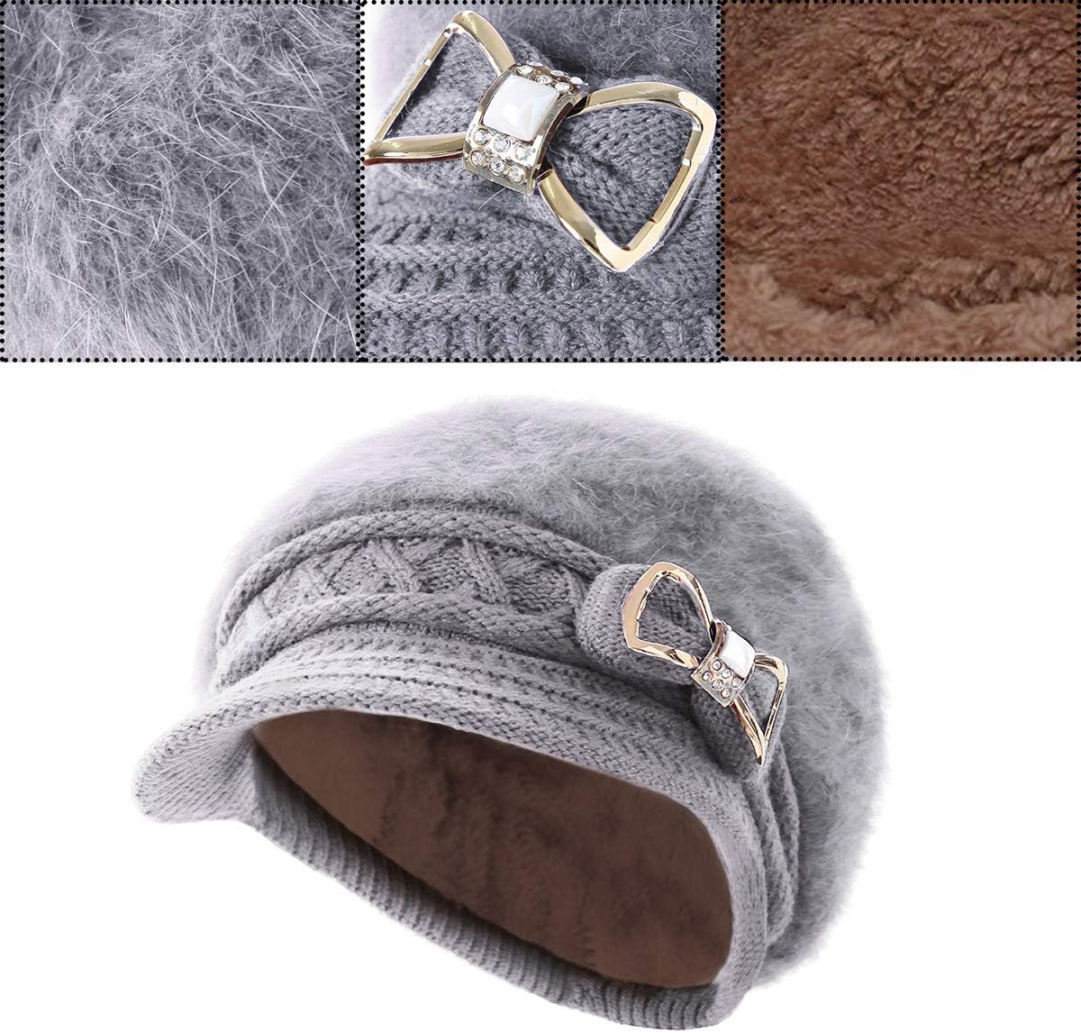 Surblue Sombrero de punto para mujer, boina, gorra de ala ancha con...