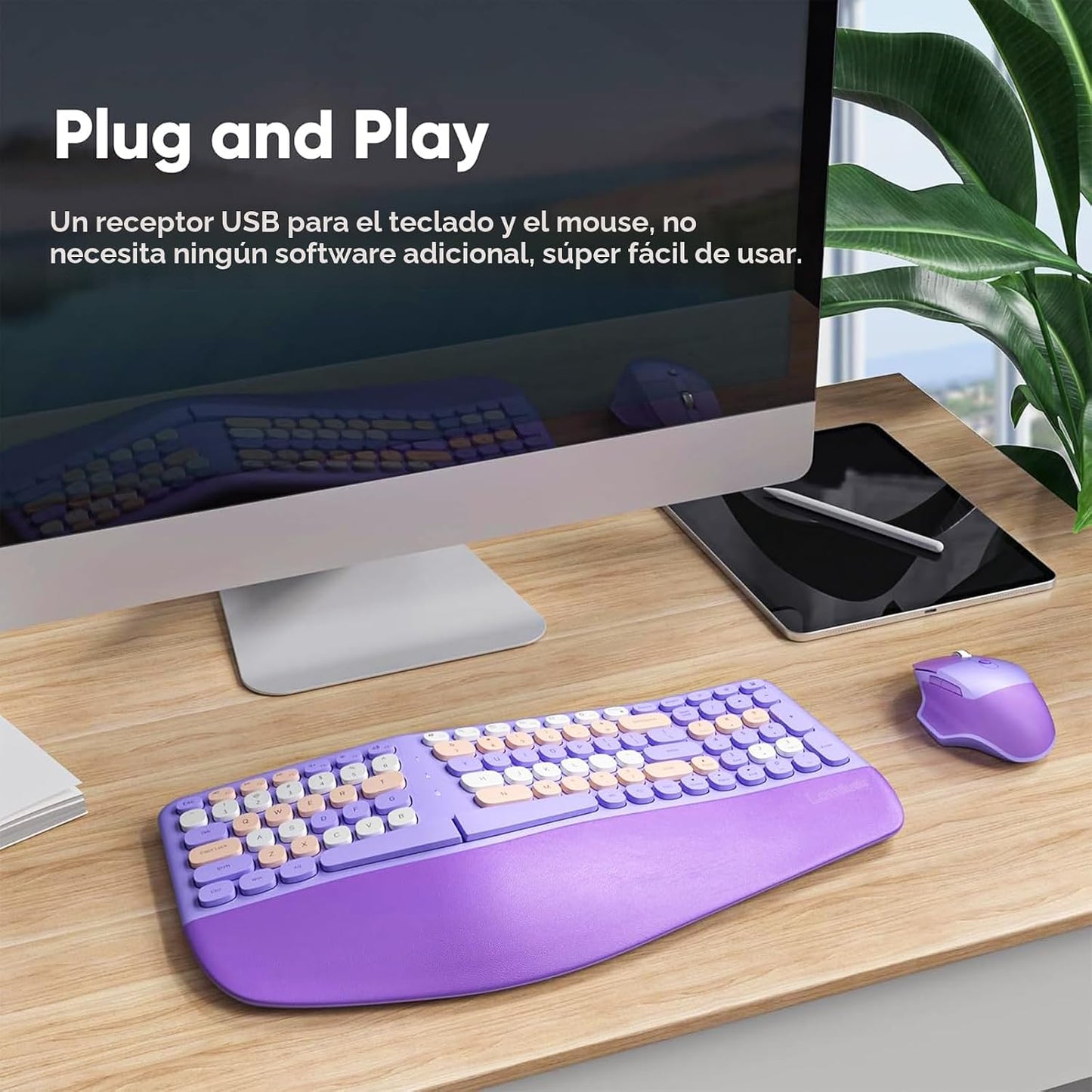Combo de teclado y mouse ergonómico inalámbrico con reposamuñecas d...