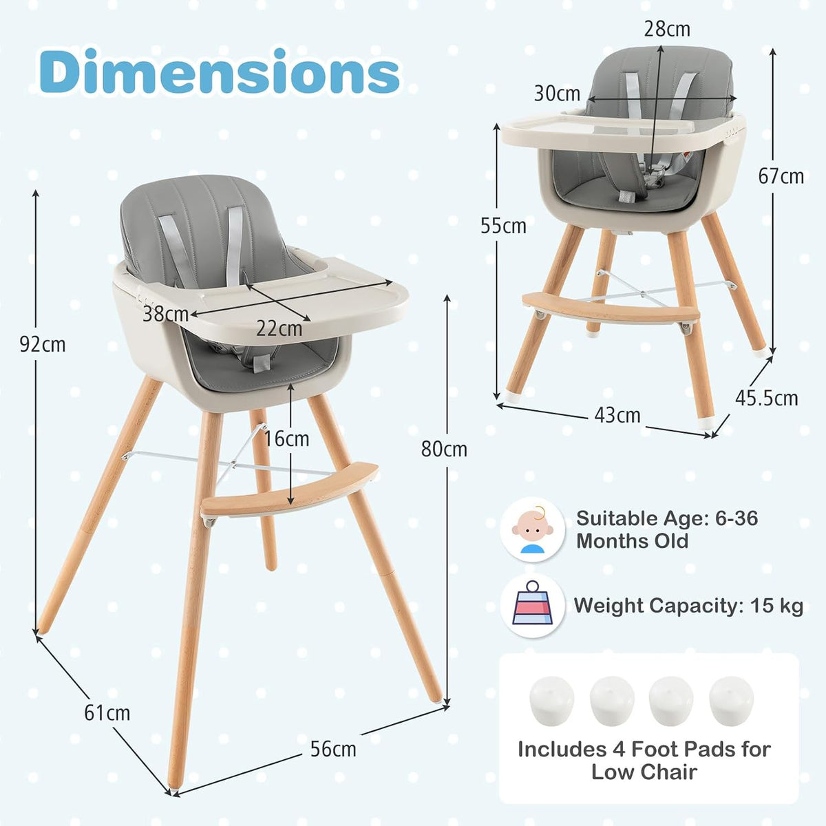HONEY JOY Silla alta para bebé, silla alta de madera 6 en 1 con ban...