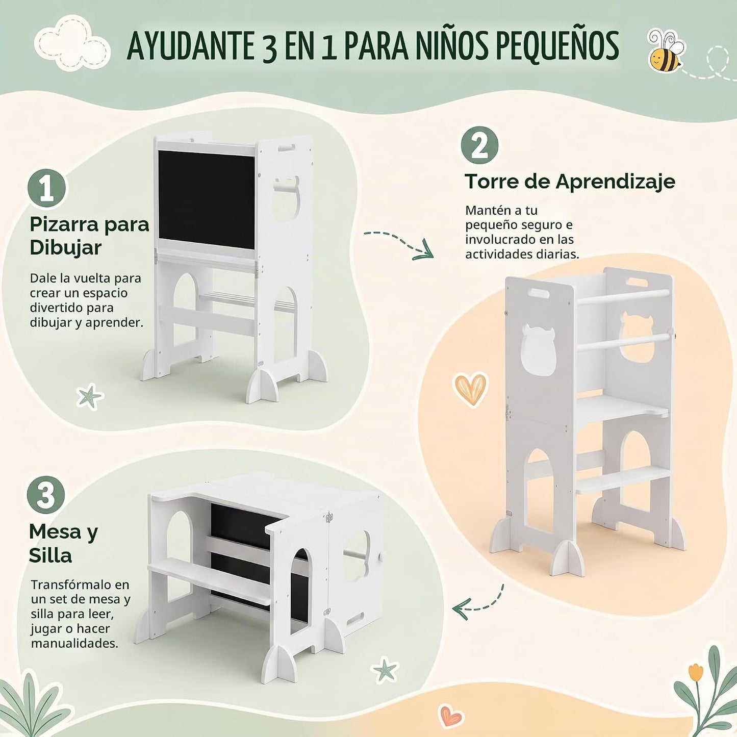 APRTAT Taburete de cocina 4 en 1 para niños pequeños, torre de apre...