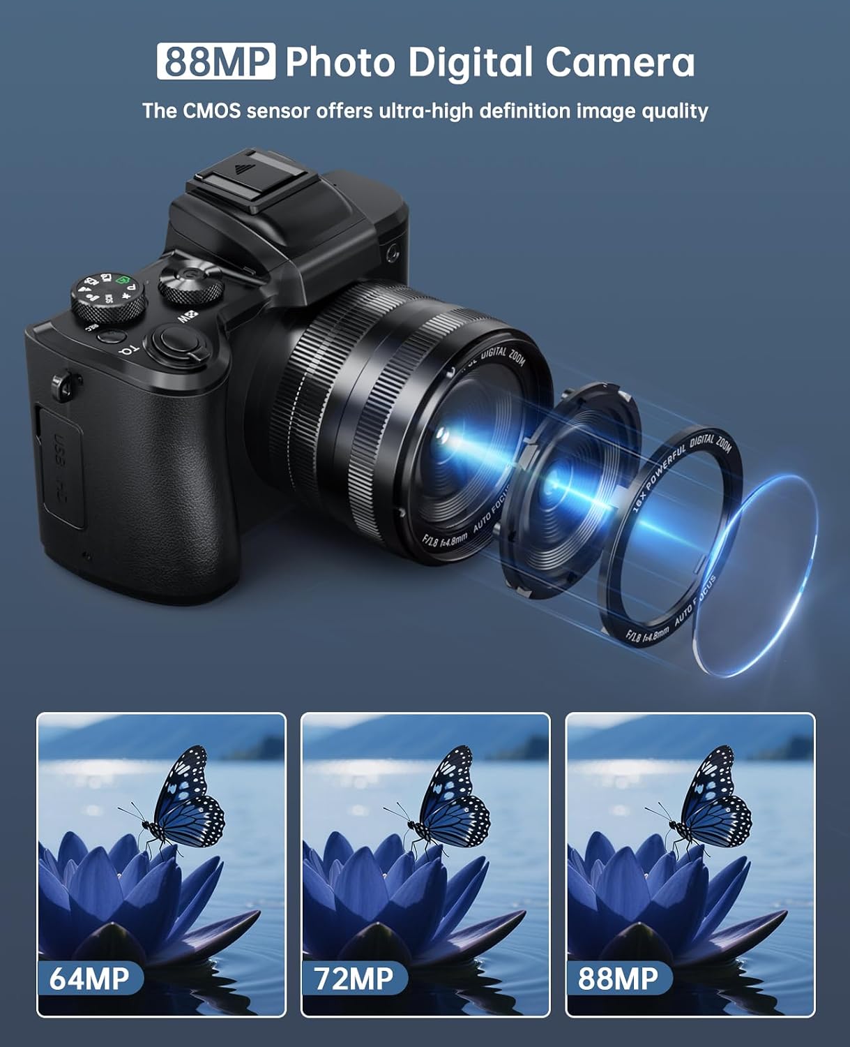 Cámara digital 8K, cámaras con enfoque automático de 88MP para foto...
