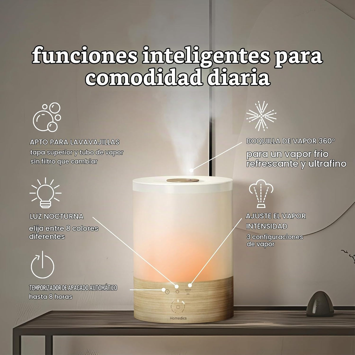 Homedics Humidificador ultrasónico de niebla fría, luz nocturna de...