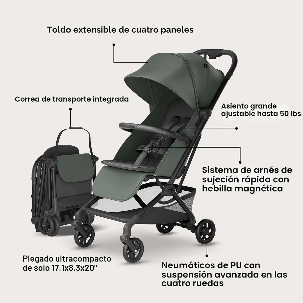 Mompush Velo - Cochecito de viaje compacto plegable con una sola ma...