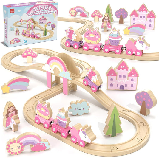 Lehoo Castle Juego de tren de madera para niñas, juego de tren de u...
