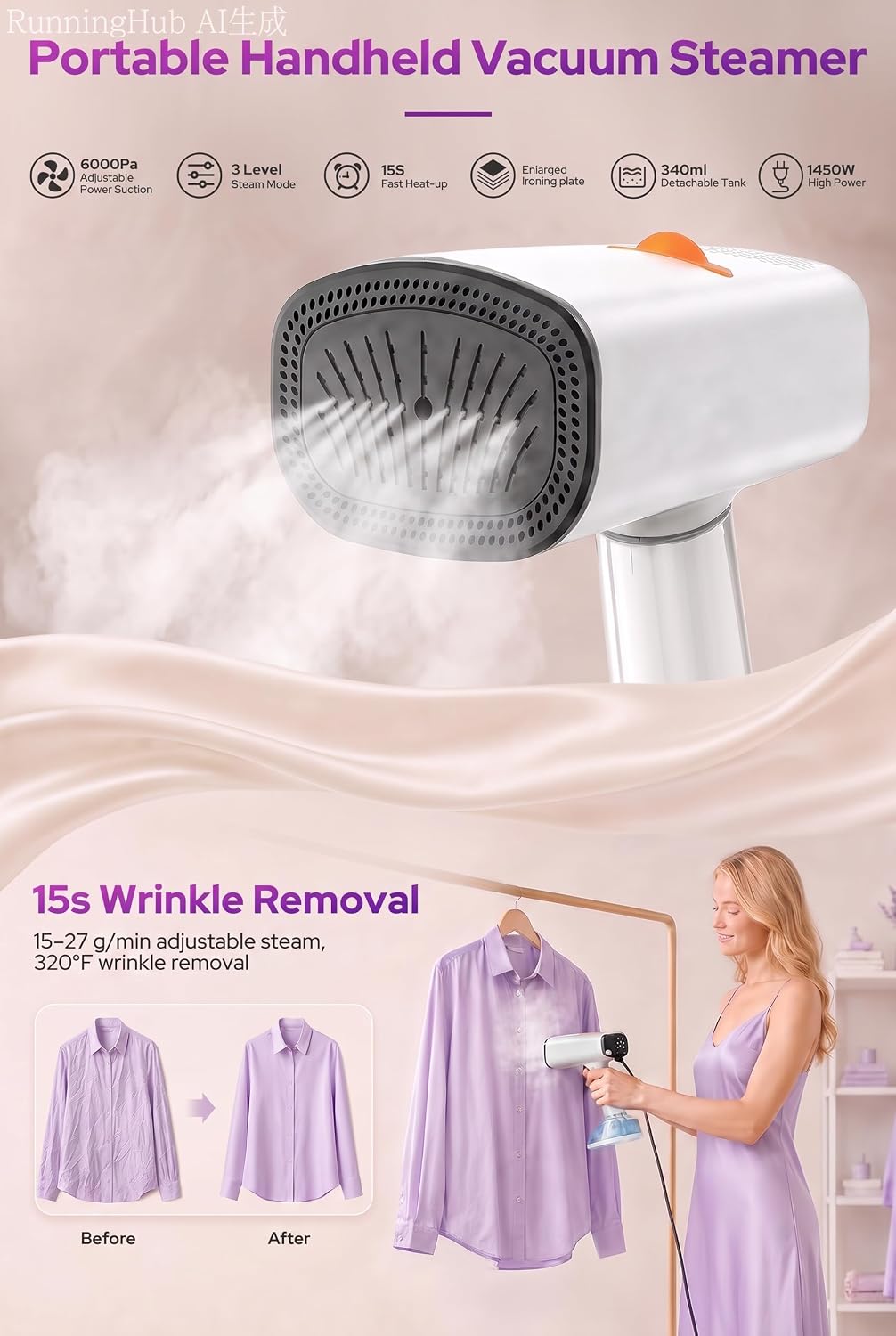 Vaporizador de mano para ropa, succión de 3 niveles, calentamiento,...