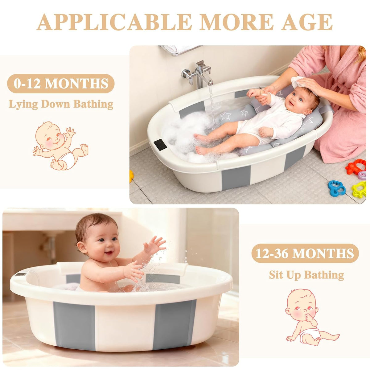 Bañera para bebé EverKiddo, tina de baño para bebé con termómetro y...