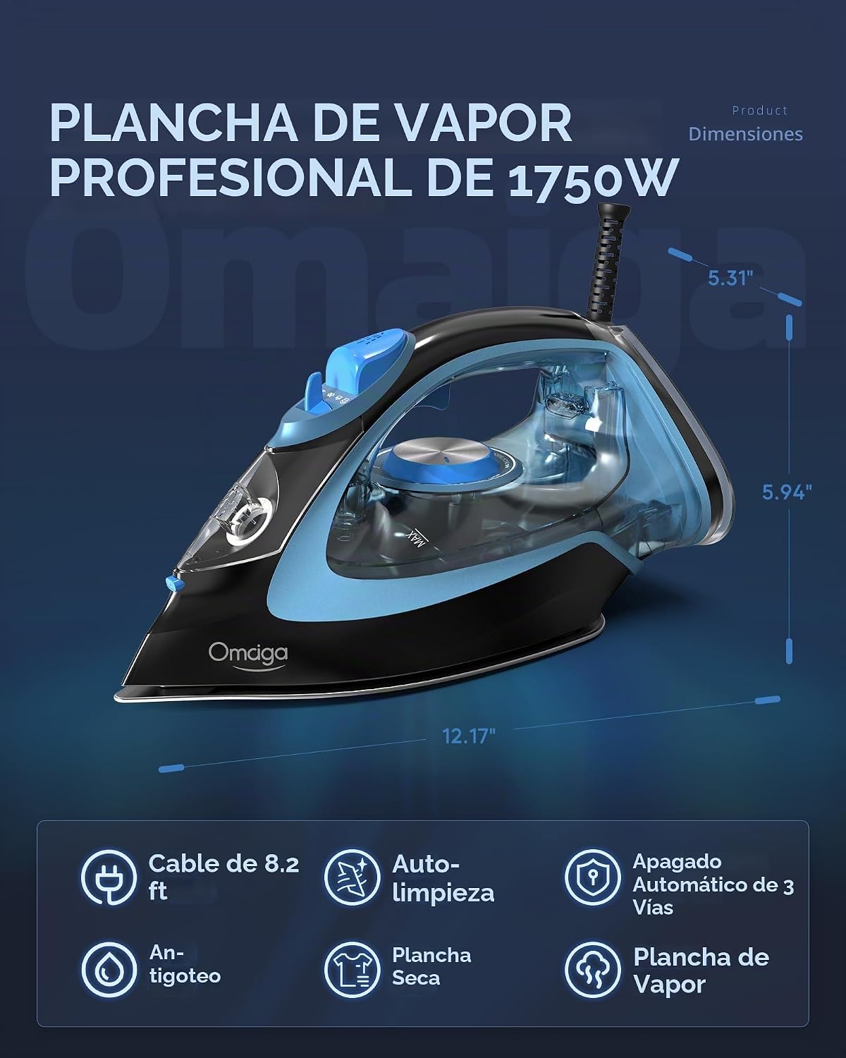 OMAIGA Plancha de vapor de 1750 W para ropa, tanque de agua grande...