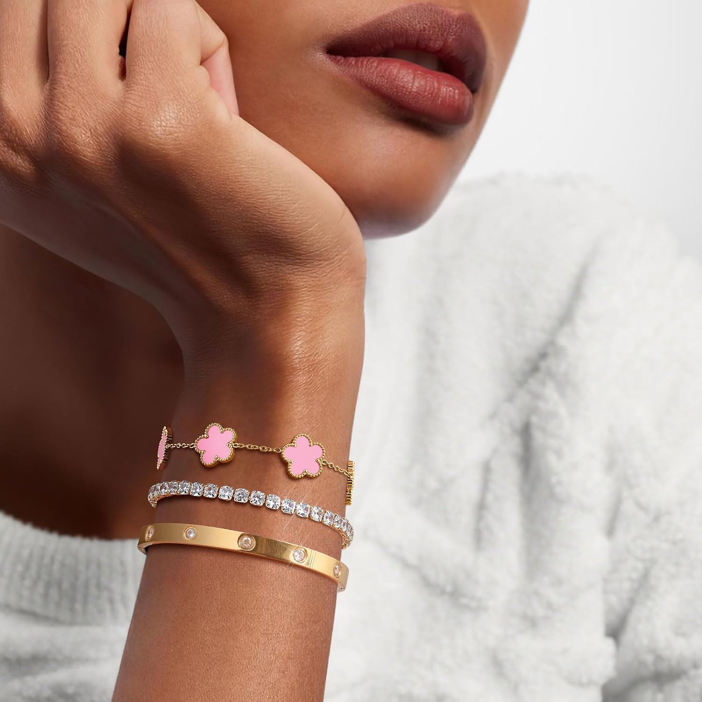 Pulseras florales apilables para mujer en oro - Juego de 3 pulseras...