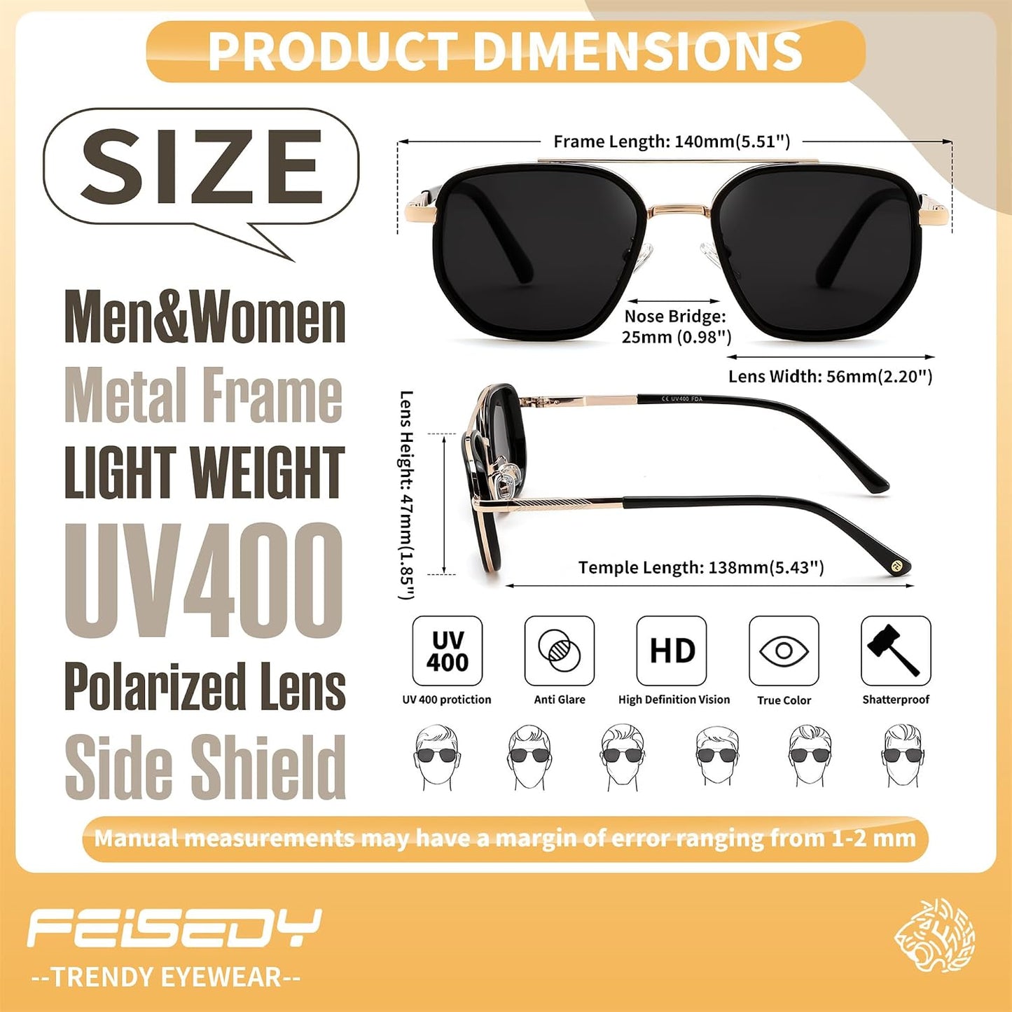 FEISEDY - Lentes de sol polarizados estilo aviador para hombres, ma...