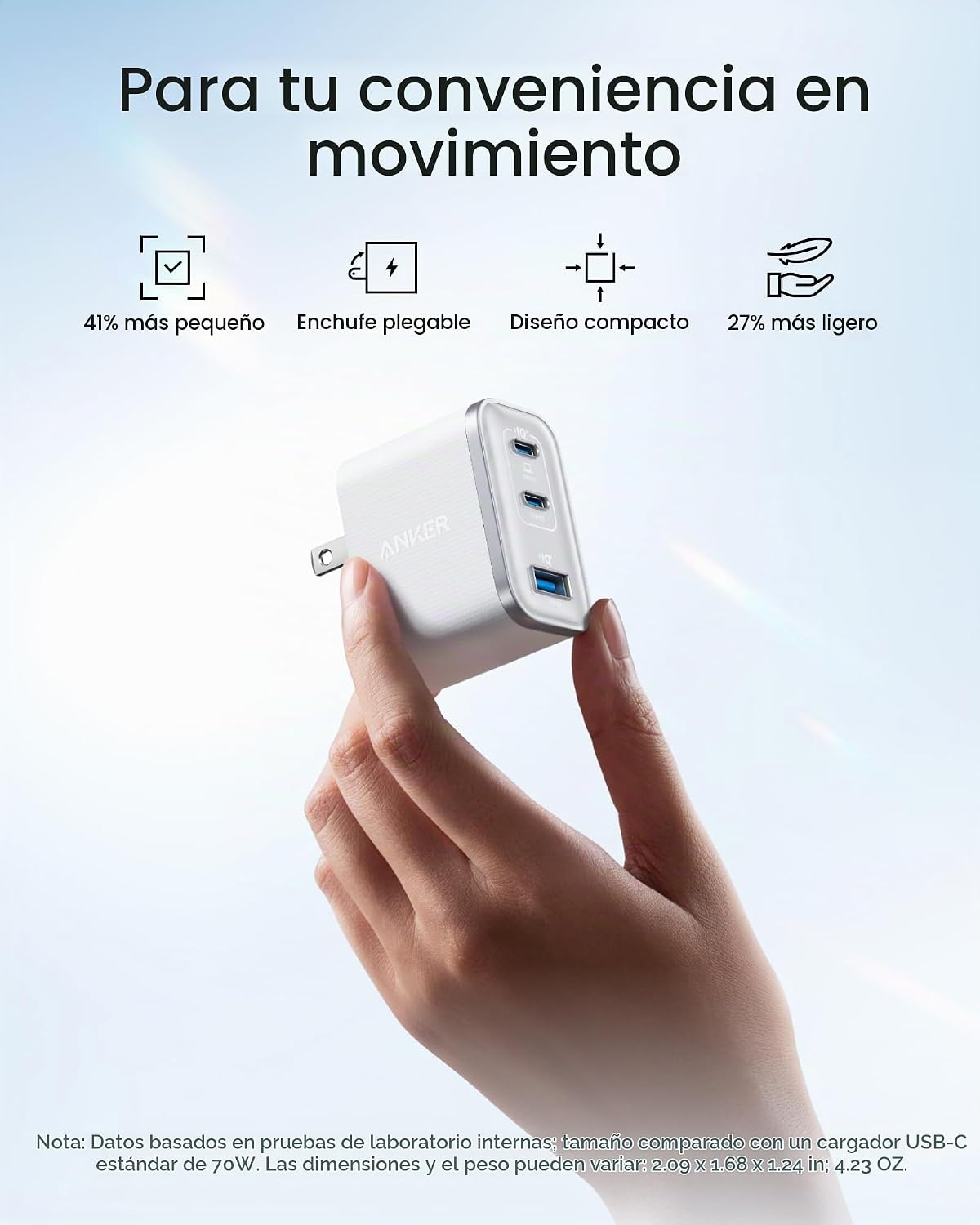 Anker Cargador rápido Nano 70W Max de 3 puertos USB C, cargador tip...