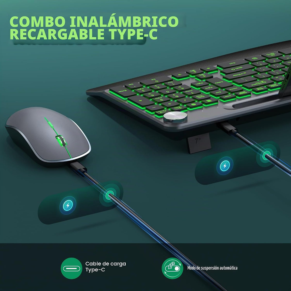 Combinación de teclado y mouse inalámbricos retroiluminados ergonóm...