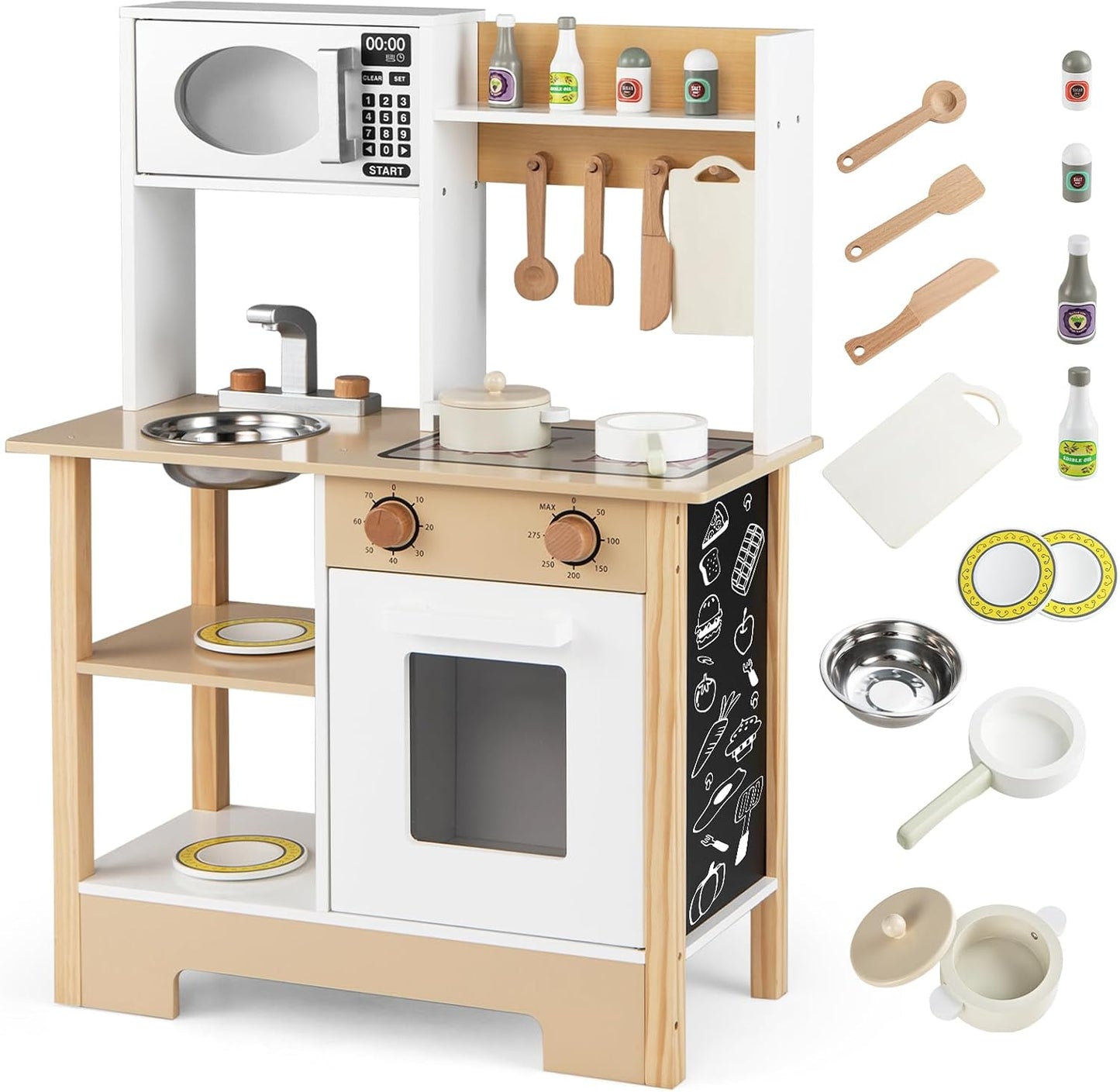 HONEY JOY Juego de cocina con pizarra, juego de cocina de madera pa...