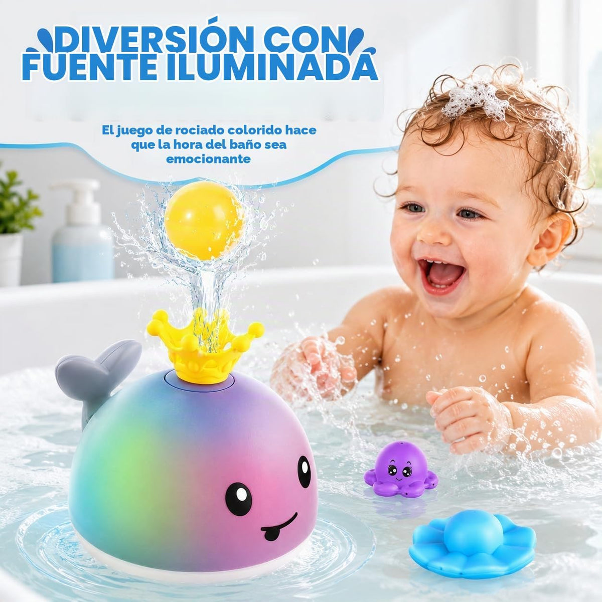 Gigilli Rociador de juguete de baño de ballena iluminado, 4 modos d...