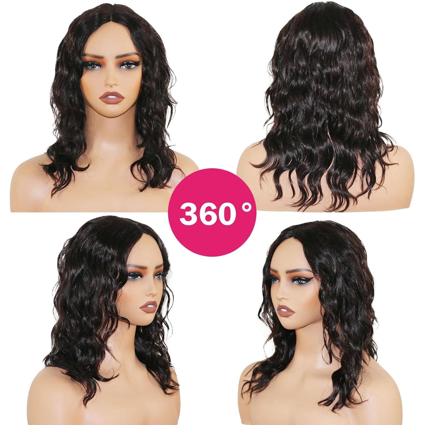 SilkSleek Peluca de cabello humano ondulado de 16 pulgadas, color m...
