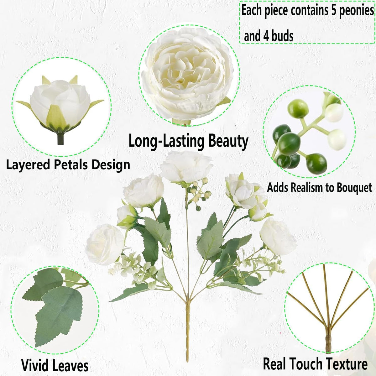 12 ramos de peonías artificiales de flores blancas, peonías falsas...
