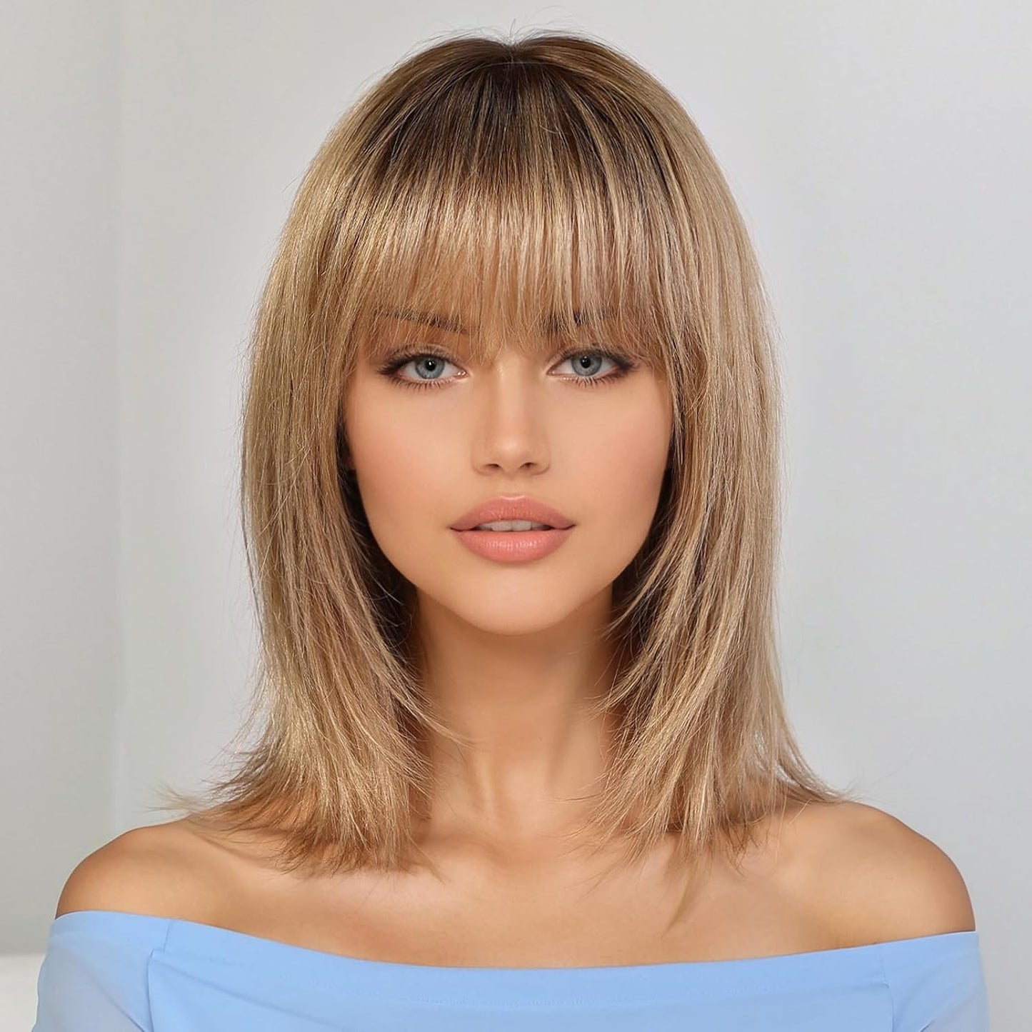 KKU Pelucas de cabello humano rubio ceniza degradado de 12 pulgadas...