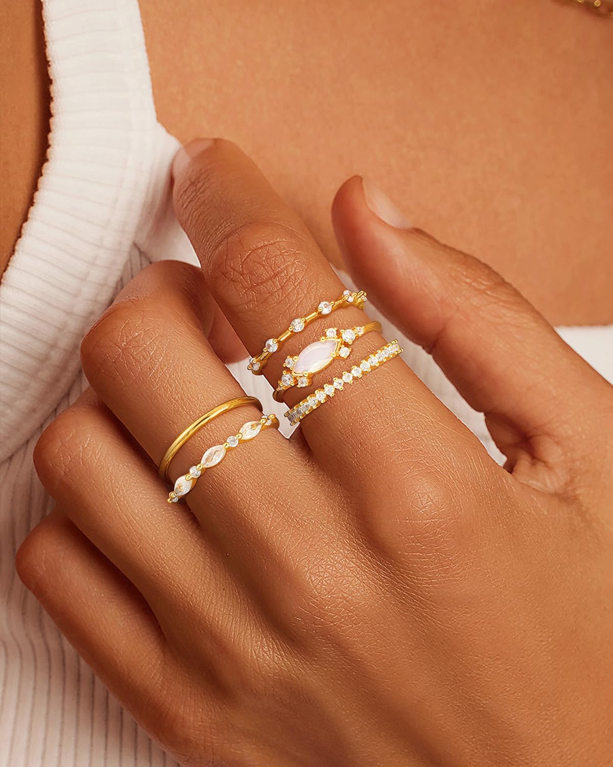 Honsny Anillos de oro apilables para mujer, juego delicado, anillos...