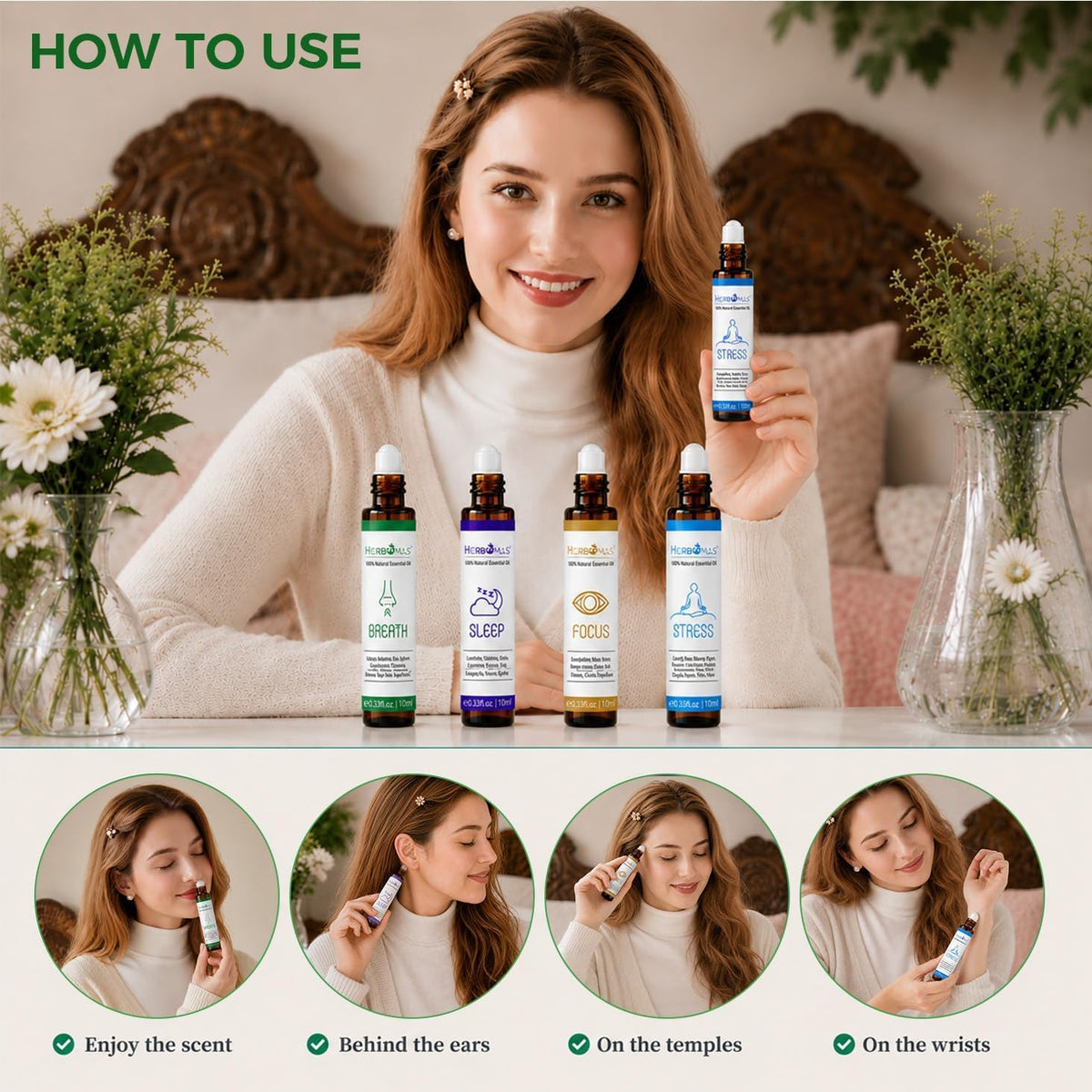 HERBROMAS Set de aceites de aromaterapia en roll-on, aceites esenci...