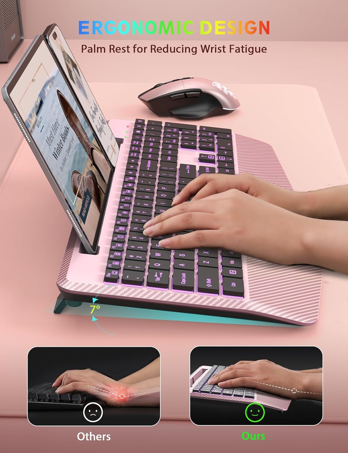 Teclado y Mouse Inalámbricos con Retroiluminación, Reposamuñecas, M...
