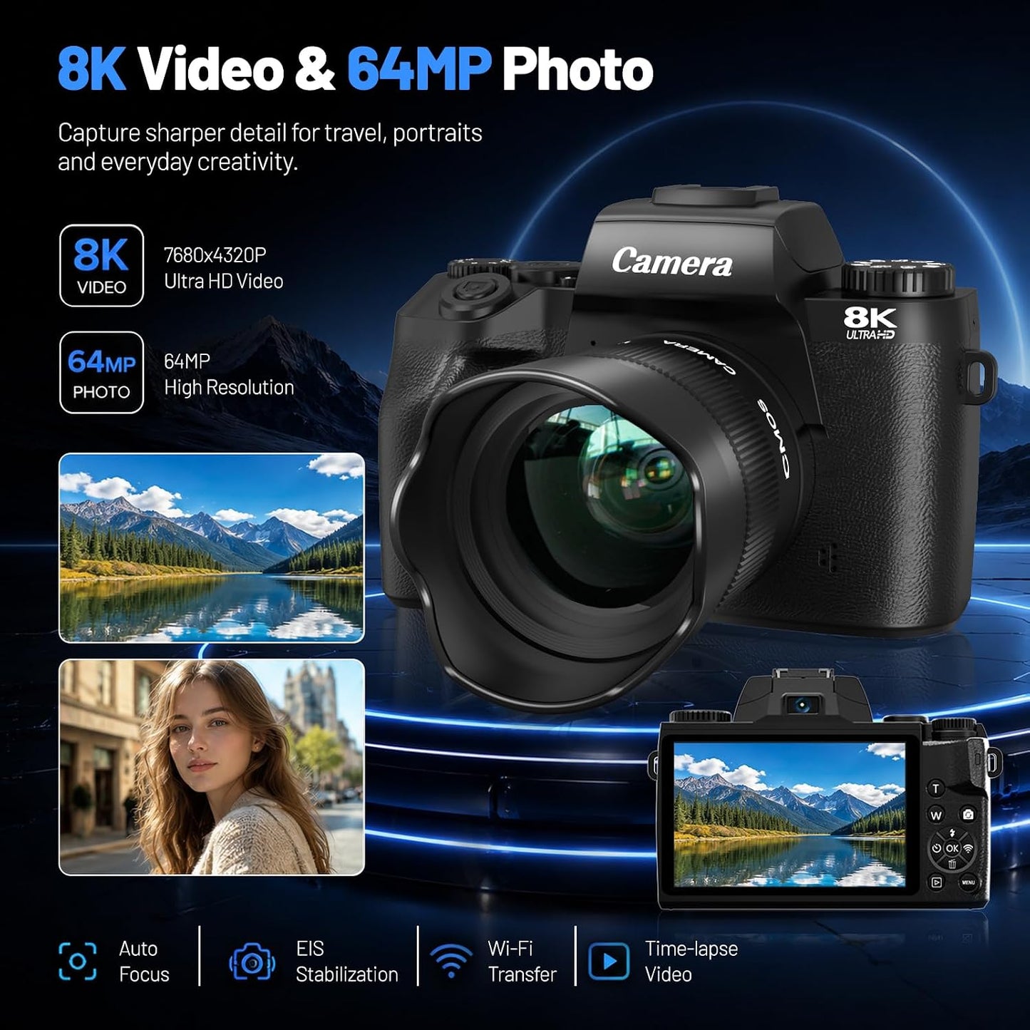 Cámaras digitales 8K para fotografía, cámara de vlogging de 64MP pa...