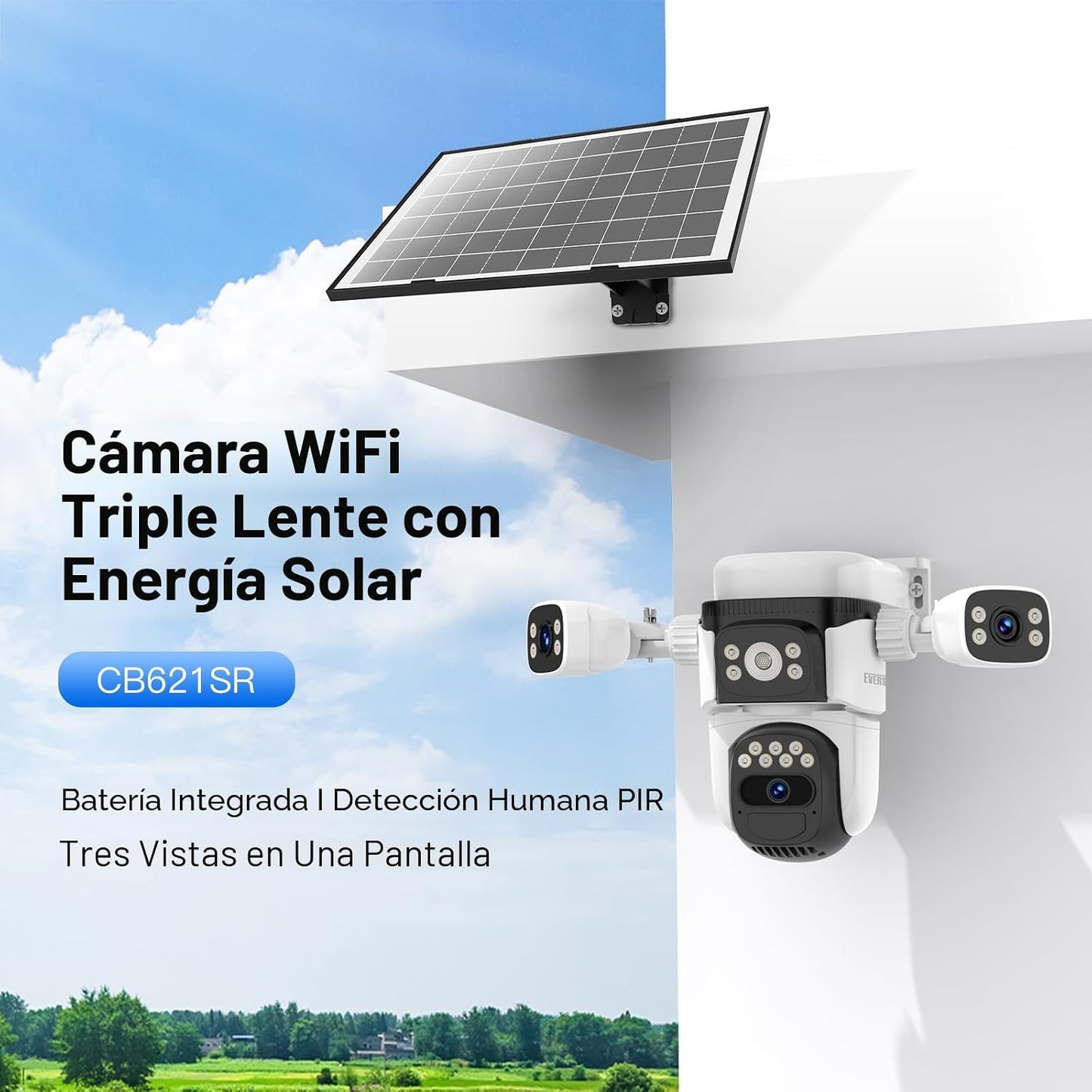 EVERSECU Cámara de Seguridad PTZ WiFi Inalámbrica Solar de Triple L...