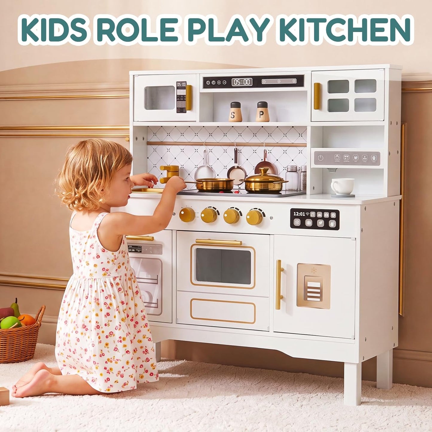 Cocina de madera para niños, moderno juego de cocina blanca con est...