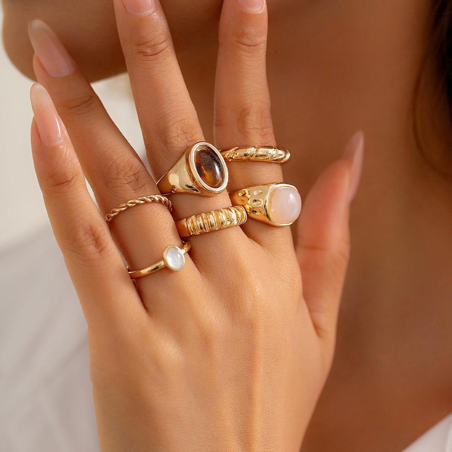 IQIC Anillos gruesos de oro para mujer, juego de anillos de plata a...