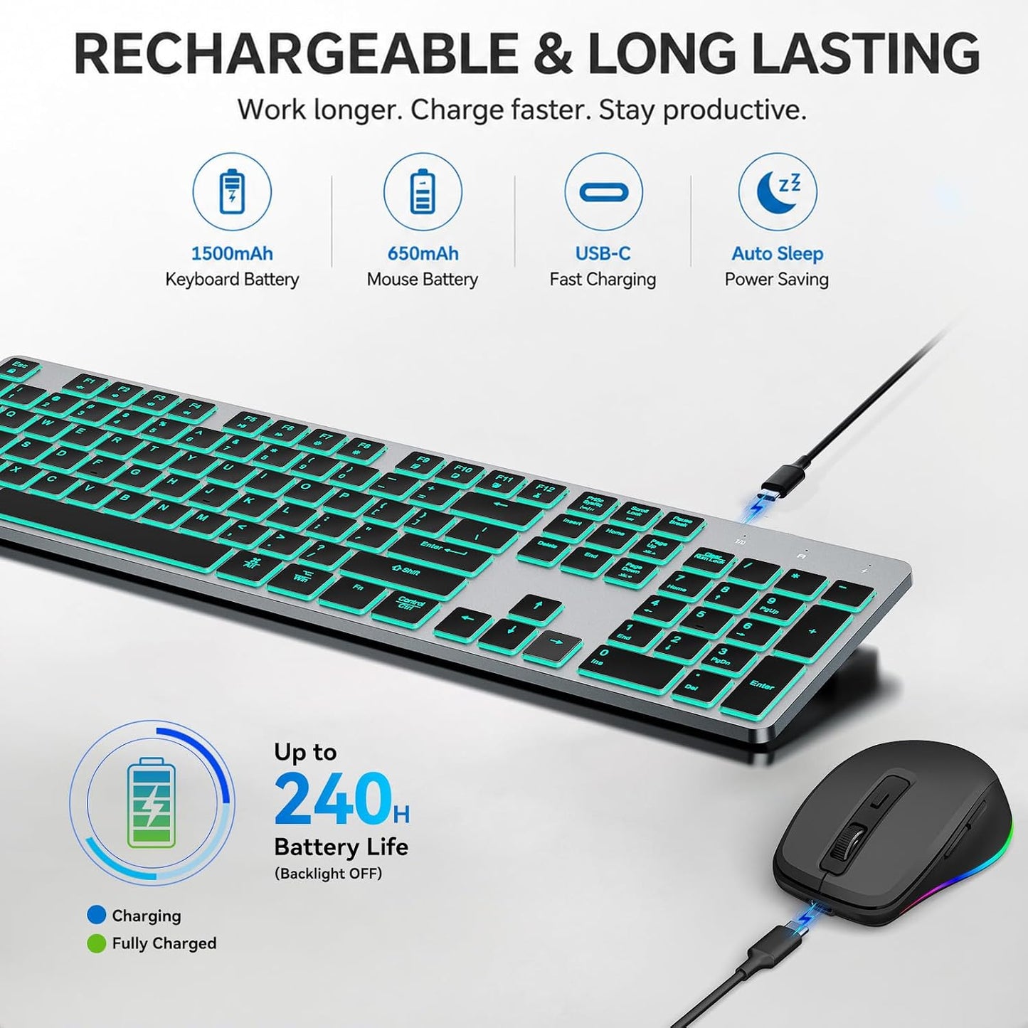 Teclado inalámbrico silencioso y mouse retroiluminado, combo de tec...
