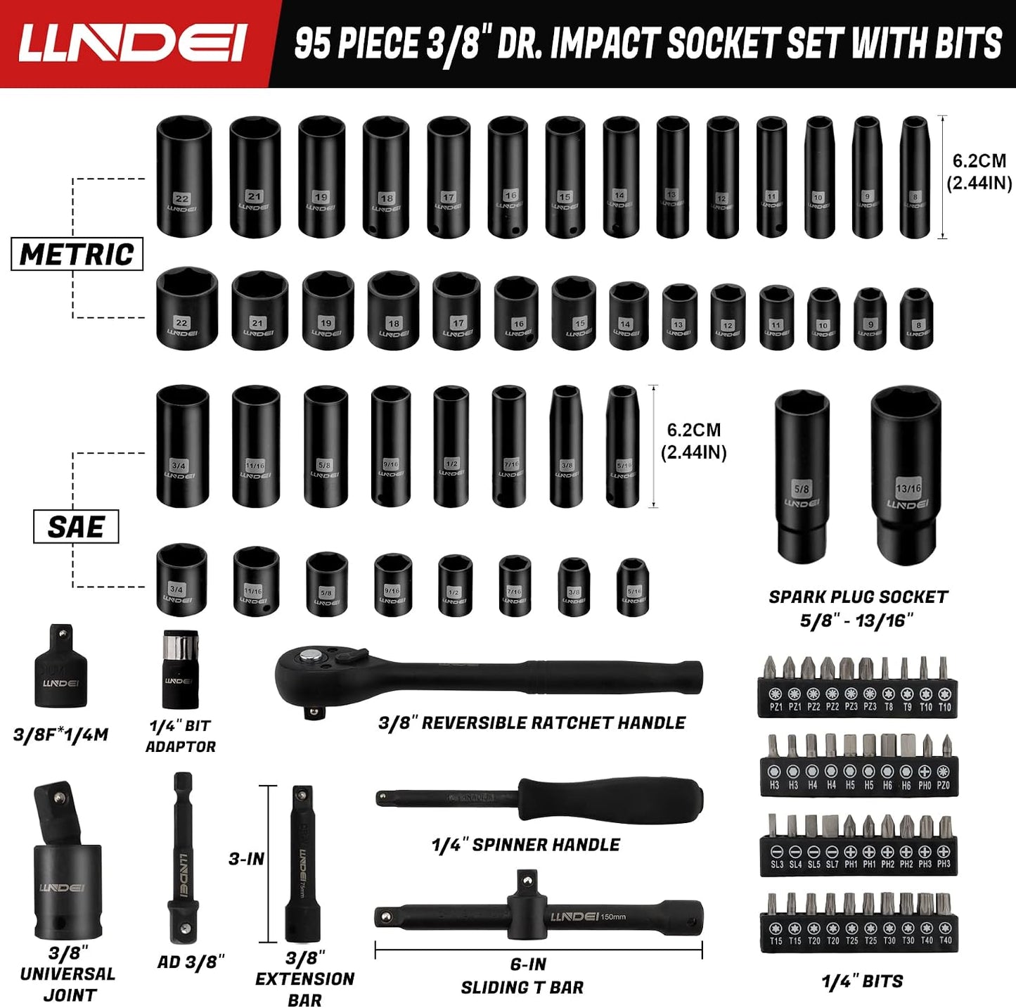 LLNDEI Juego de llaves de impacto de 3\/8", SAE estándar (5\/16...