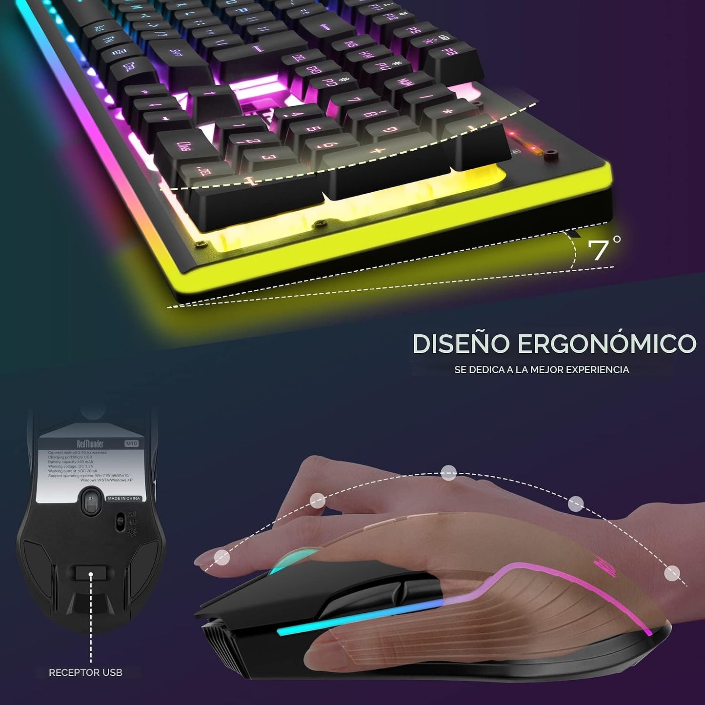 RedThunder K10 Juego de mouse y teclado inalámbricos, para videojue...