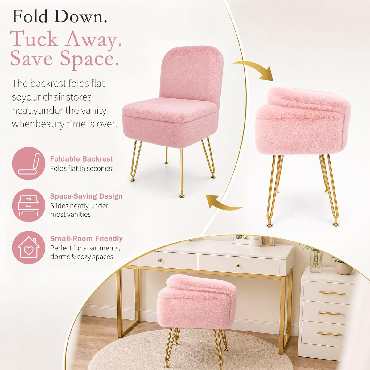 HOZYZO Silla de tocador grande mejorada con respaldo plegable, 17.6...
