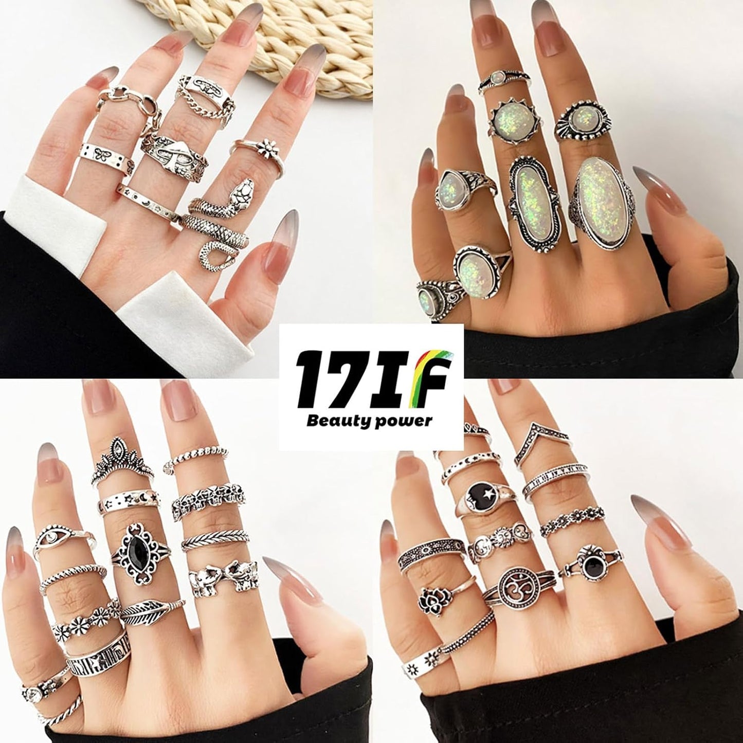 17IF Juego de anillos de nudillos plateados vintage para mujeres y...